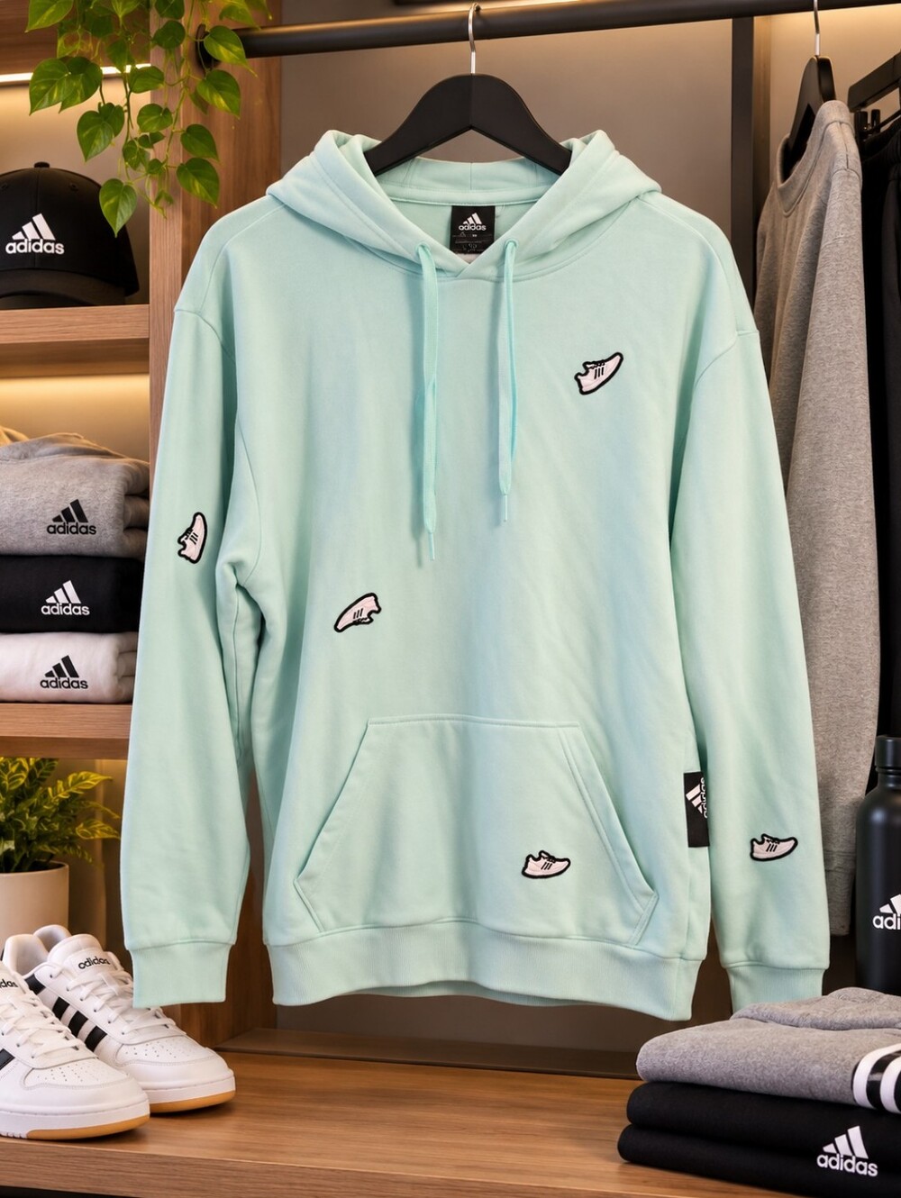 adidas Originals Men’s Undeniable Hoodie M Semi Flash Aqua with Sneaker Patches